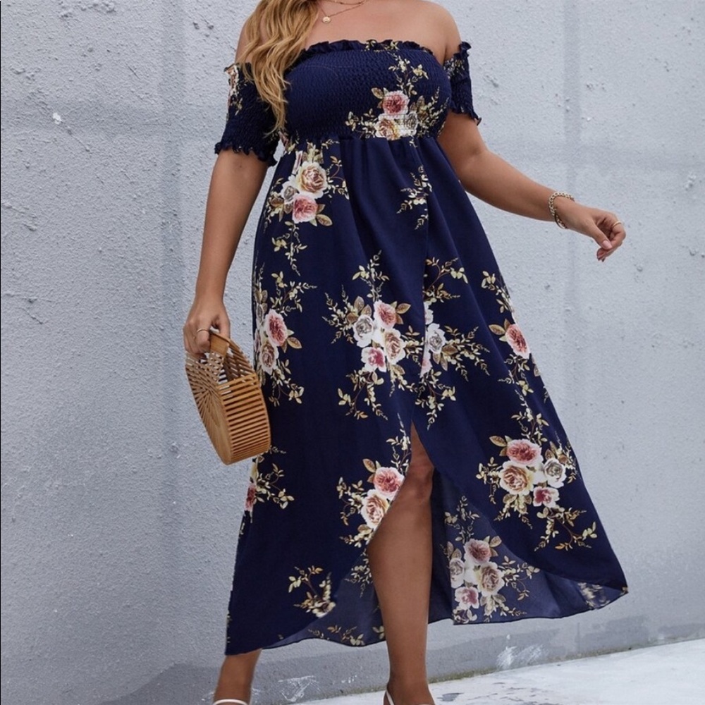 Boho Plus Size Floral Off The Shoulder High Low Dress - Picture 9 of 10